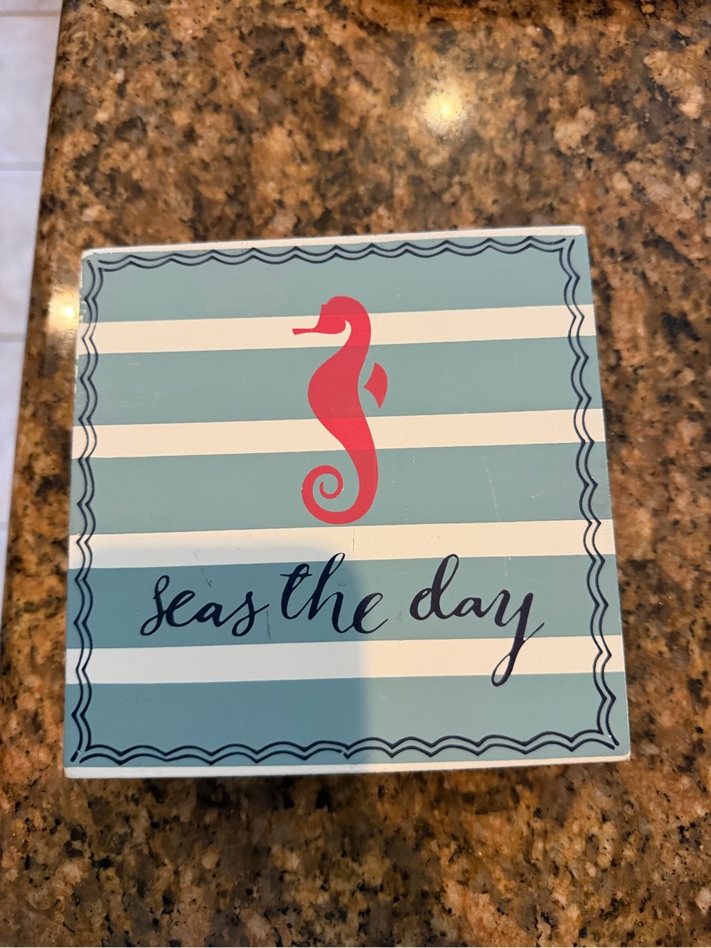 Seas the Day Nautical Seahorse Decorative Sign - Aqua, White, Coral, Navy